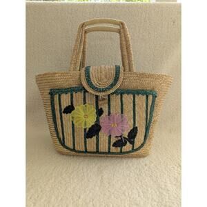 Vintage 1960’s Straw Bag Woven Floral Raffia Tote Handbag Travel Beach Bag